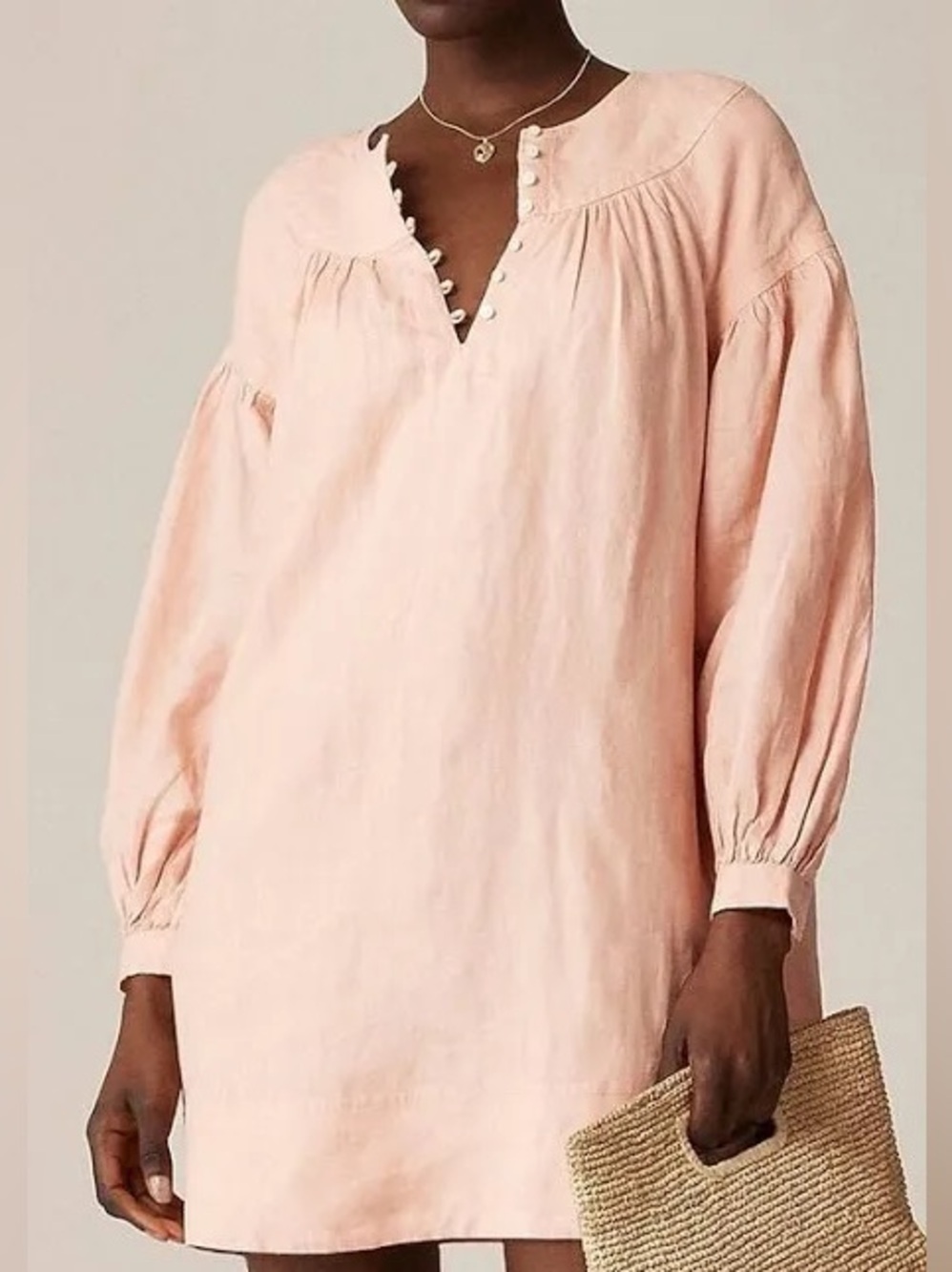 J Crew women XS long sleeve Gathered popover dress in linen color peach clay